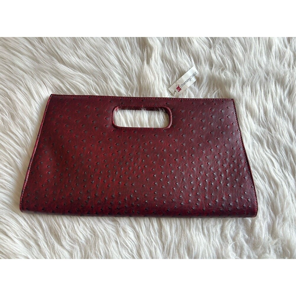 Charming Charlie Burgundy Ostrich Pebbled Vegan Leather Clutch Handbag NWT
